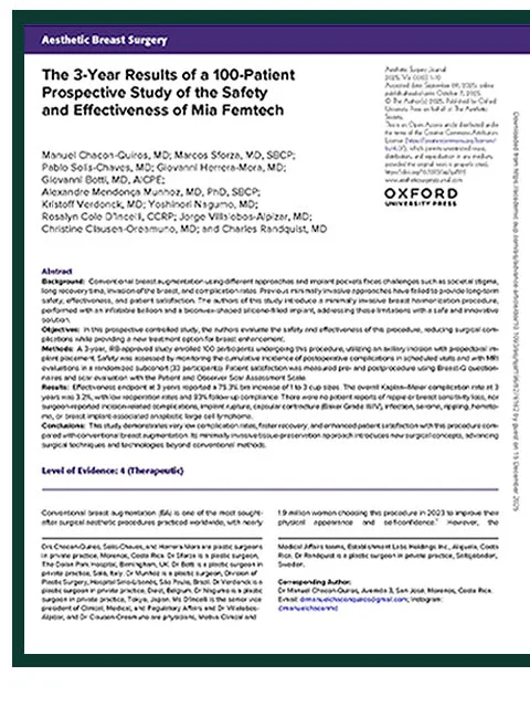 Первая страница статьи в Aesthetic Surgery Journal — The 3-Year Results of a 100-Patient Prospective Study of the Safety and Effectiveness of Mia Femtech